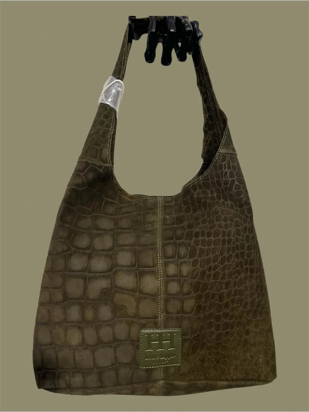 Haute Hippie olive green hobo bag with, crocodile-embossed suede design.NWT